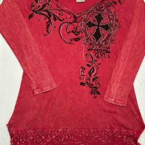 Elegant Red Embellished Long Sleeve Top